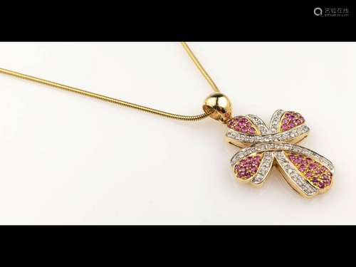 14 kt gold crosspendant with coloured stones and diamond imi...