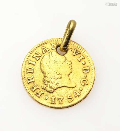 Gold coin with lug, Spain 1754