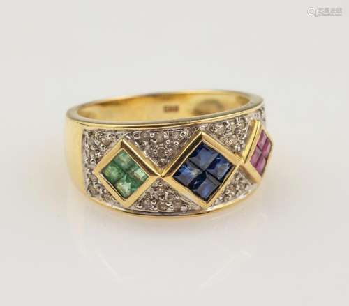 14 kt gold ring with coloured stones and diamonds