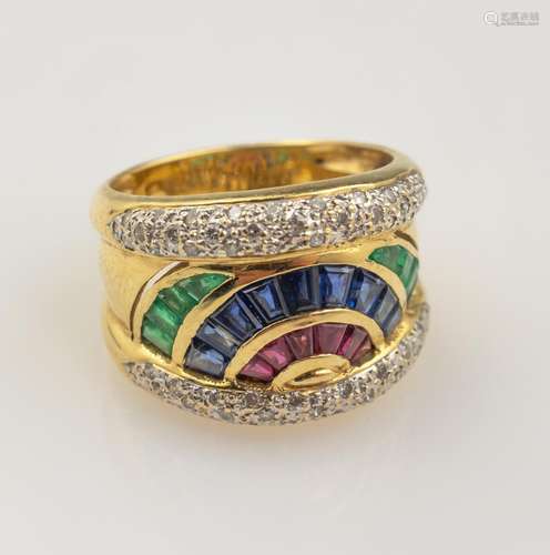 18 kt gold ring with coloured stones and diamonds