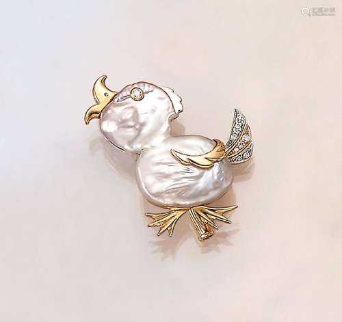 18 kt gold brooch 'duck' with pearl and brilliants