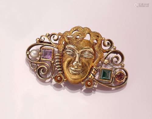 14 kt gold brooch 'mask' with coloured stones and ...