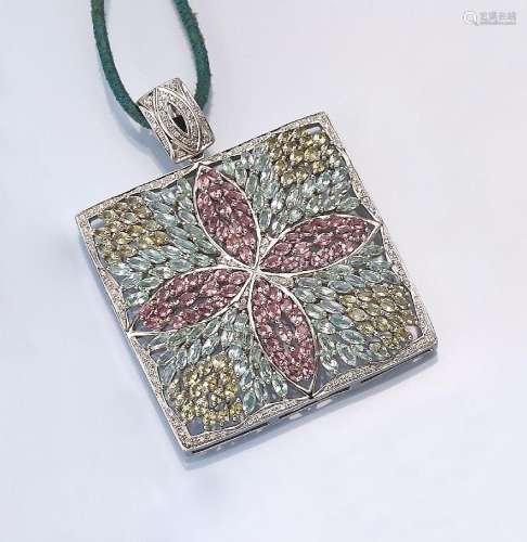 18 kt gold pendant with coloured stones and diamonds
