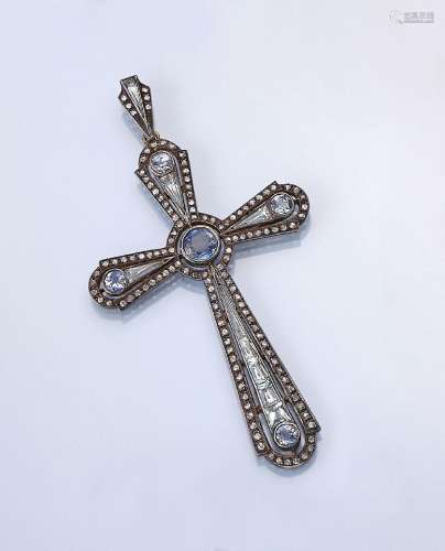 18 kt gold crosspendant with sapphires, diamonds and aquamar...