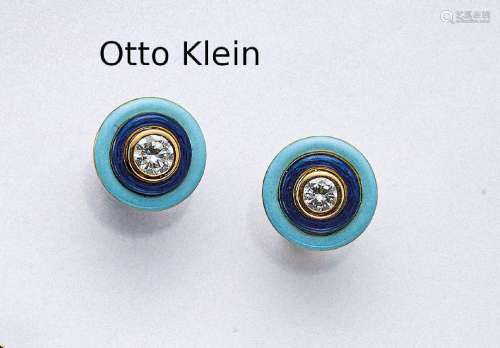 Pair of OTTO KLEIN 18 kt gold earrings with enamel and brill...
