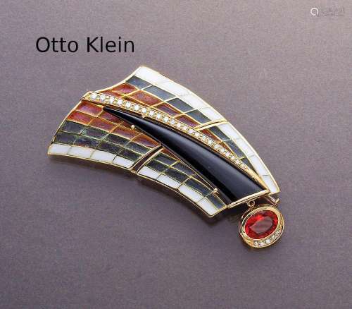 OTTO KLEIN 18 kt gold pendant/brooch with opal, onyx enamel ...