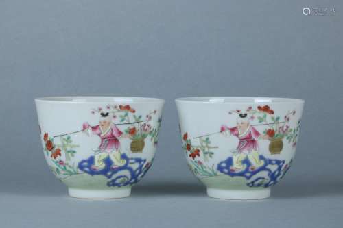 Pair Of Blue And White Porcelain Famille Rose Cups, China