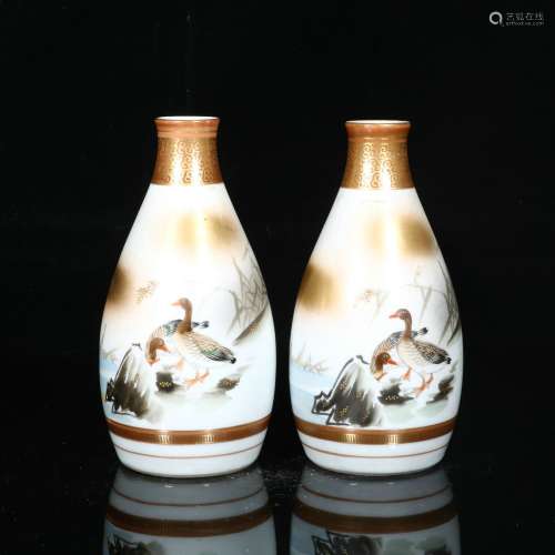 Pair Of Famille Rose Porcelain Gold Painted Wine Pots, China