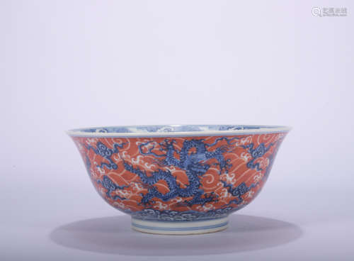 An underglaze-blue and copper-red 'dragon' bowl,Qing Dynasty
