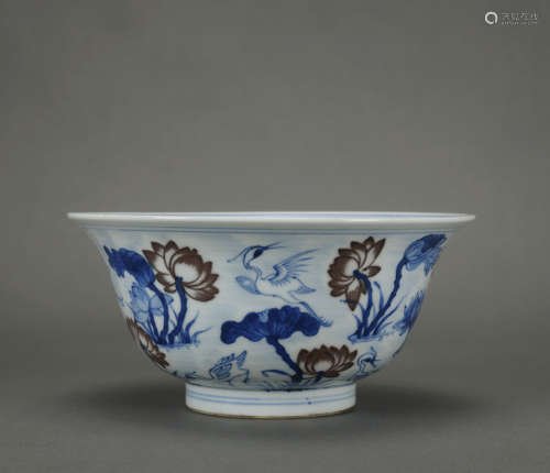 An underglaze-blue and copper-red 'crane' bowl,Qing Dynasty