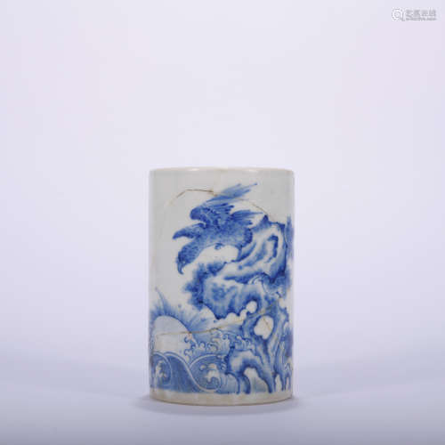 A blue and white pen container,Qing Dynasty
