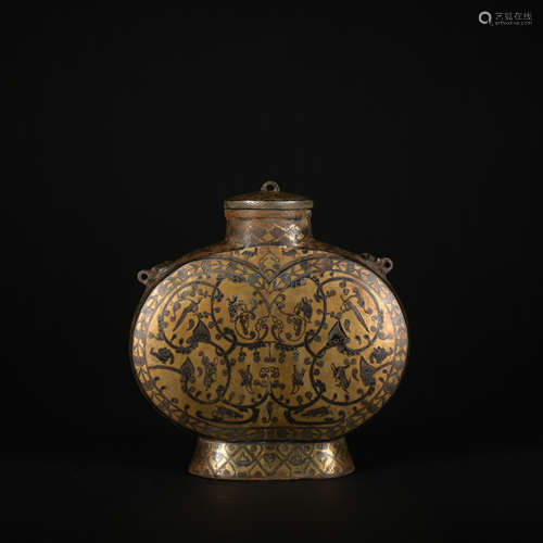 A bronze vase ware with gold and silver