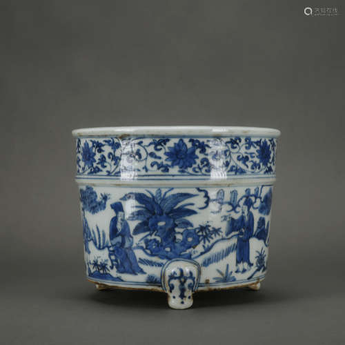 A blue and white 'figure' censer,Qing Dynasty