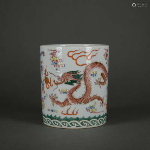 A Wu cai 'dragon' pen container,Qing Dynasty