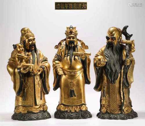 19th century - [Fu Lu Shou] bronze gilt statue