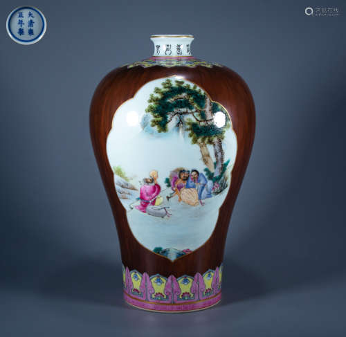 Qing Dynasty - Imitation wood grain pastel plum vase