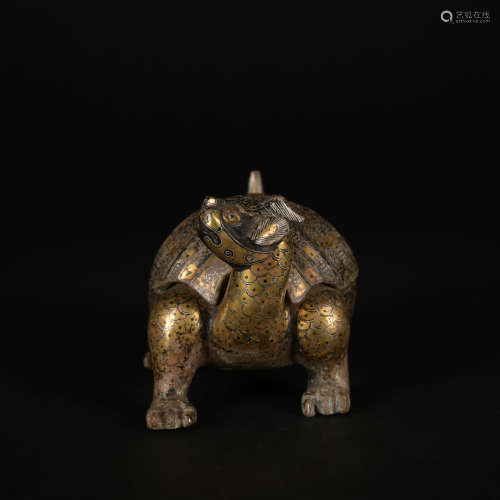 A bronze turtle ware with gold and silver