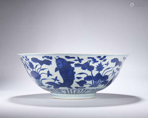 A blue and white 'fish and waterseeds' bowl,Ming Dynasty