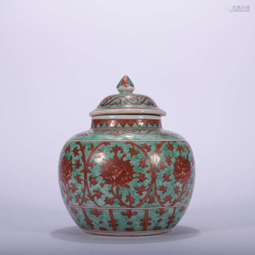 A green-ground and red glazed 'floral' jar and cover,Qing Dy...