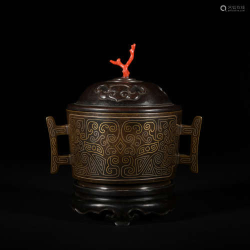 A bronze censer ware with gold and silver,Qing Dynasty