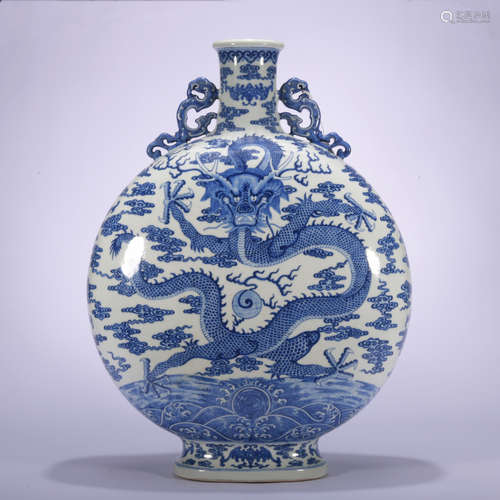 A blue and white 'dragon' moonflask,Qing Dynasty