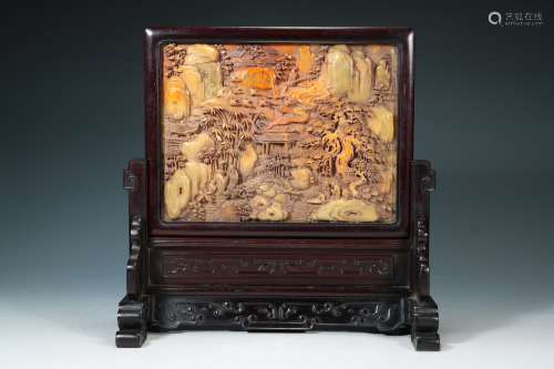 Qing Dynasty - Rosewood frame [longevity stone] screen