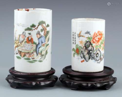 PAIR OF COLORFUL STORY PAINTED BRUSH POT