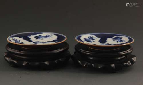 PAIR OF BLUE AND WHITE FISH PAINTED PORCELAIN BOWL