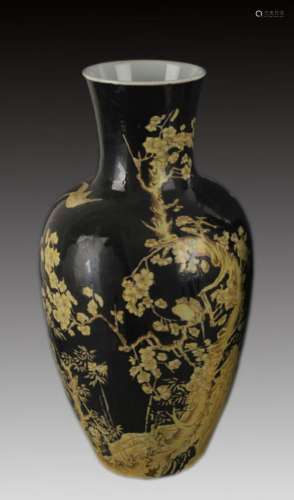 BLACK GLAZED LUCKY MAGPIE GUAN YIN PORCELAIN VASE