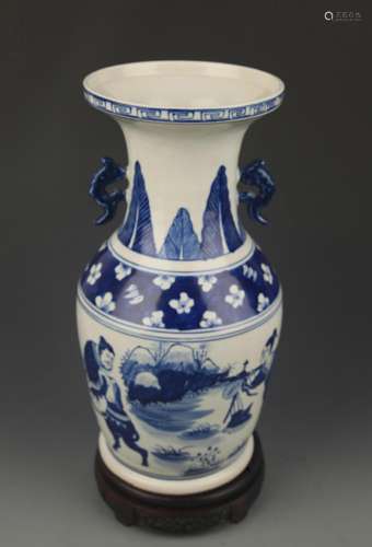 BLUE AND WHITE STORY PAINTED WIDE TOP PORCELAIN VASE