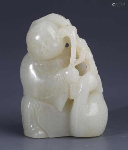 A FINELY BOY WITH GROUSE CARVING PALE CELADON JADE