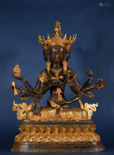 大尺寸铜鎏金三面八臂尊胜佛母造像