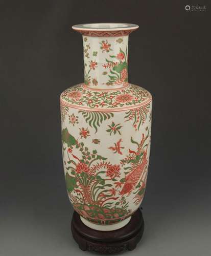 A TALL LOTUS AND FISH PAINTED PORCELAIN VASE