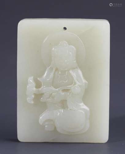 A FINE GUAN YIN PATTERN PALE CELADON JADE