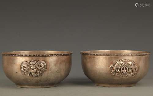 PAIR OF FINELY CARVED WHITE BRONZE BOWL