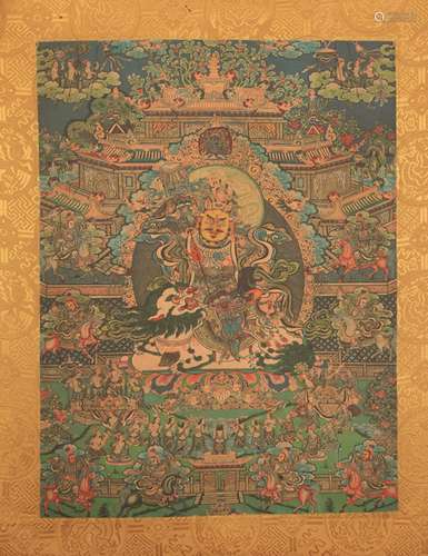 A TIBETAN THANGKA IN FIGURE OF VAISHRAVANA PAINTED ON SILK