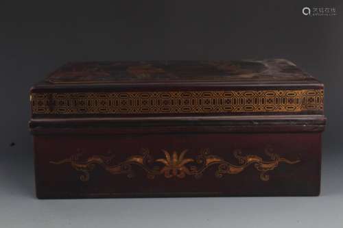 A GILT LACQUERED WOOD BOY PAINTING BOOK BOX