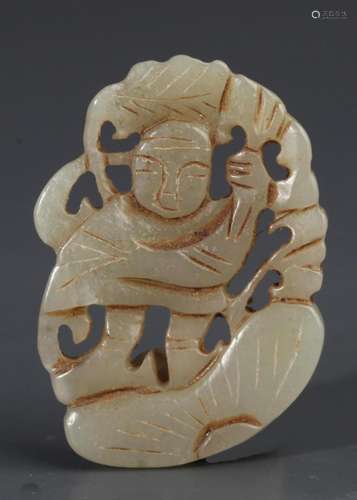 A FINE PALE CELADON JADE BOY FIGURE PENDANT