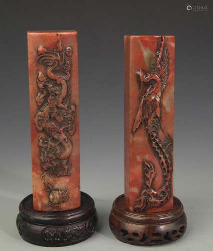 PAIR OF DRAGON CARVING SHOUSHAN STONE PAPER WEIGHT