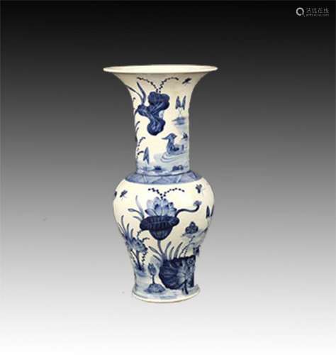 BLUE AND WHITE LOTUS PAINTED PORCELAIN JAR