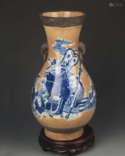 A BLUE AND WHITE STORY PAINTED ELEPHANT EAR VASE