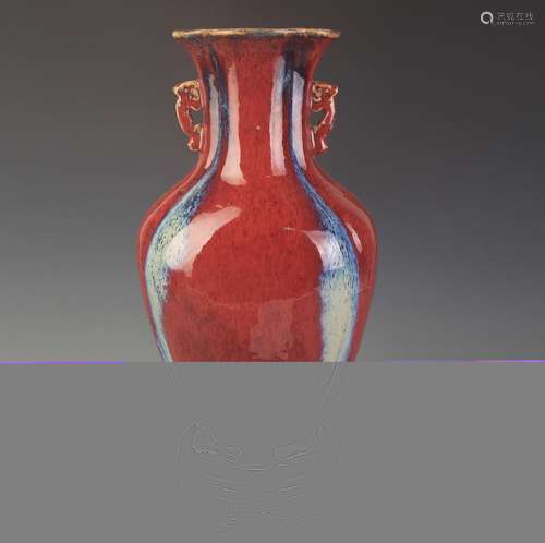 RARE RED COLOR GLAZED DOUBLE EAR PORCELAIN VASE