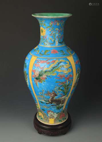 A BLUE GROUND, FAMILLE ROSE ANIMAL PAINTED VASE