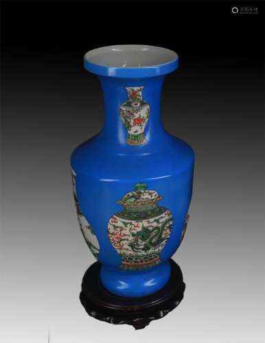 A NEED BLUE GROUND FAMILLE ROSE PORCELAIN VASE