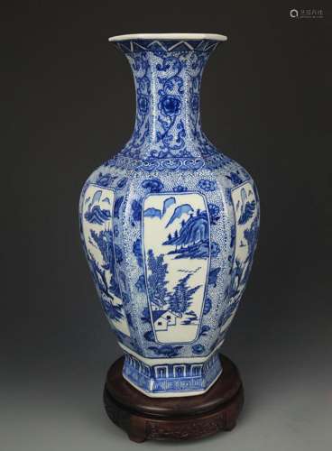 BLUE AND WHITE LANDSCAPING PATTERN SIX SIDED VASE