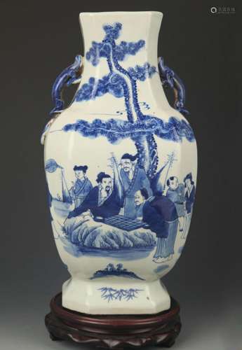 BLUE AND WHITE CHARACTER PATTERN SIX SIDED VASE