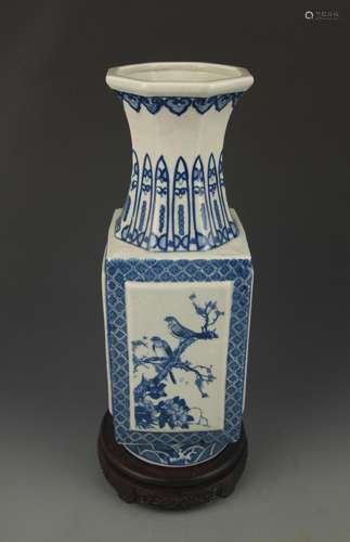 BLUE AND WHITE LANDSCAPE PAINTED SQUARE VASE