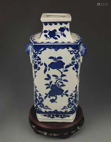 BLUE AND WHITE FLOWER PAINTED PORCELAIN SQUARE VASE