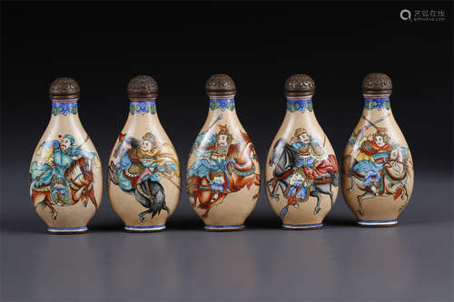 A Set of Five Enameled Copper Snuff Bottles.