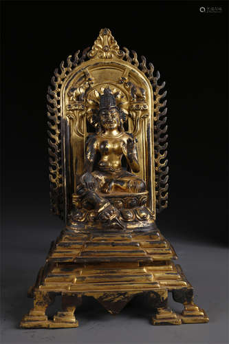 A Gilt Copper Green Tara Buddha Statue.